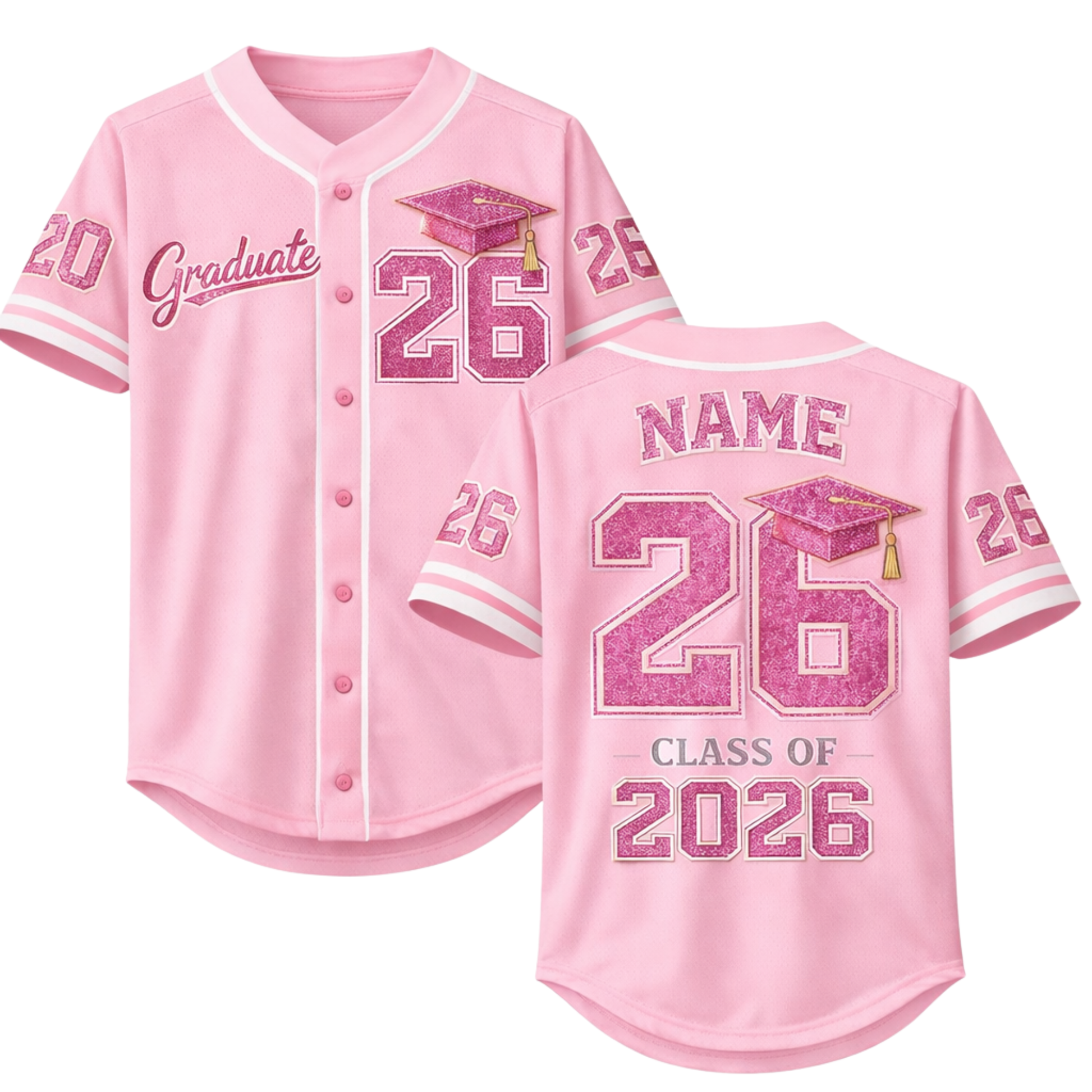 Custom Graduation Baseball Jersey Glitter Pink - Add Your Name and Number