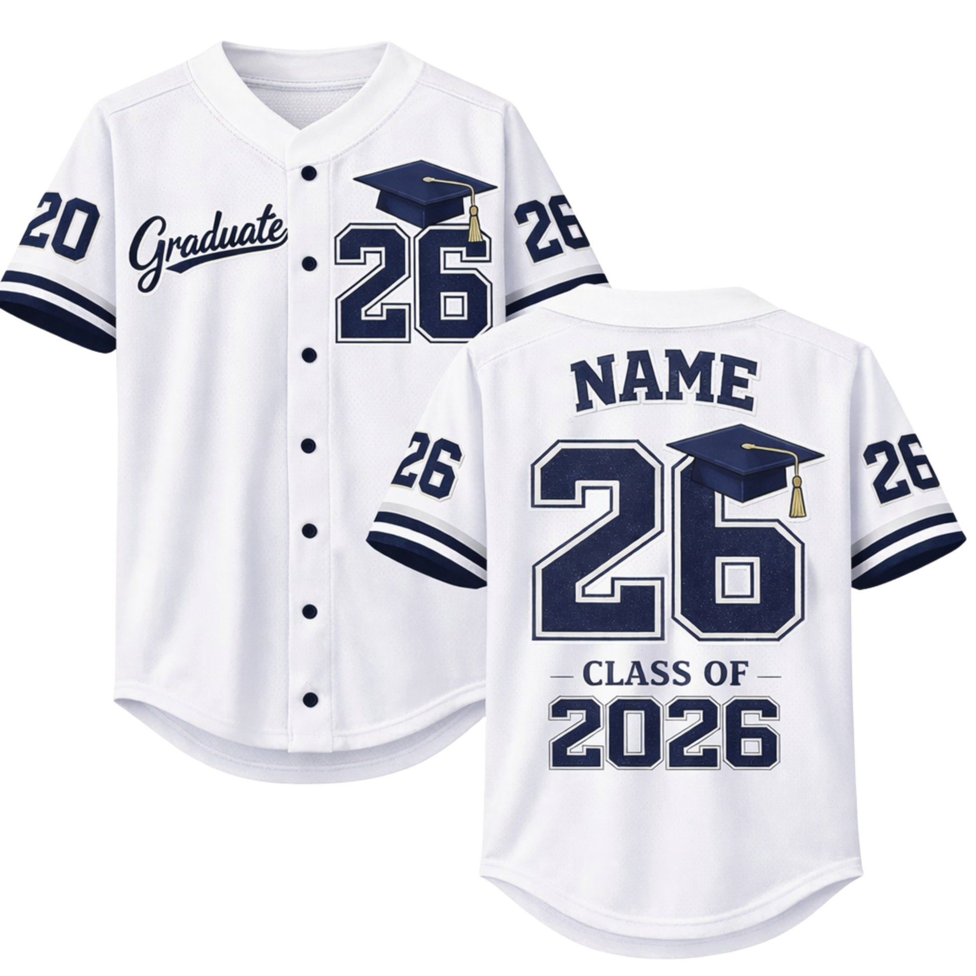 Custom Graduation Baseball Jersey White and Navy - Add Your Name and Number
