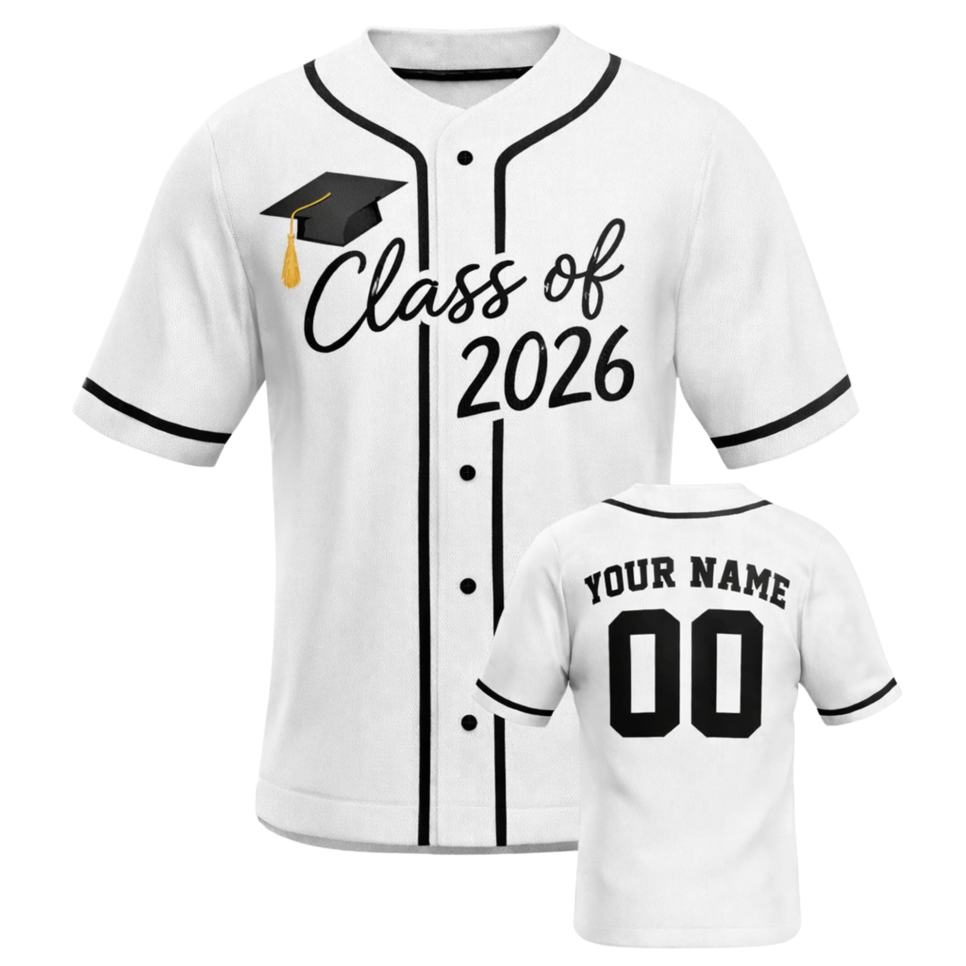 Custom Graduation Baseball Jersey White and Black - Add Your Name and Number