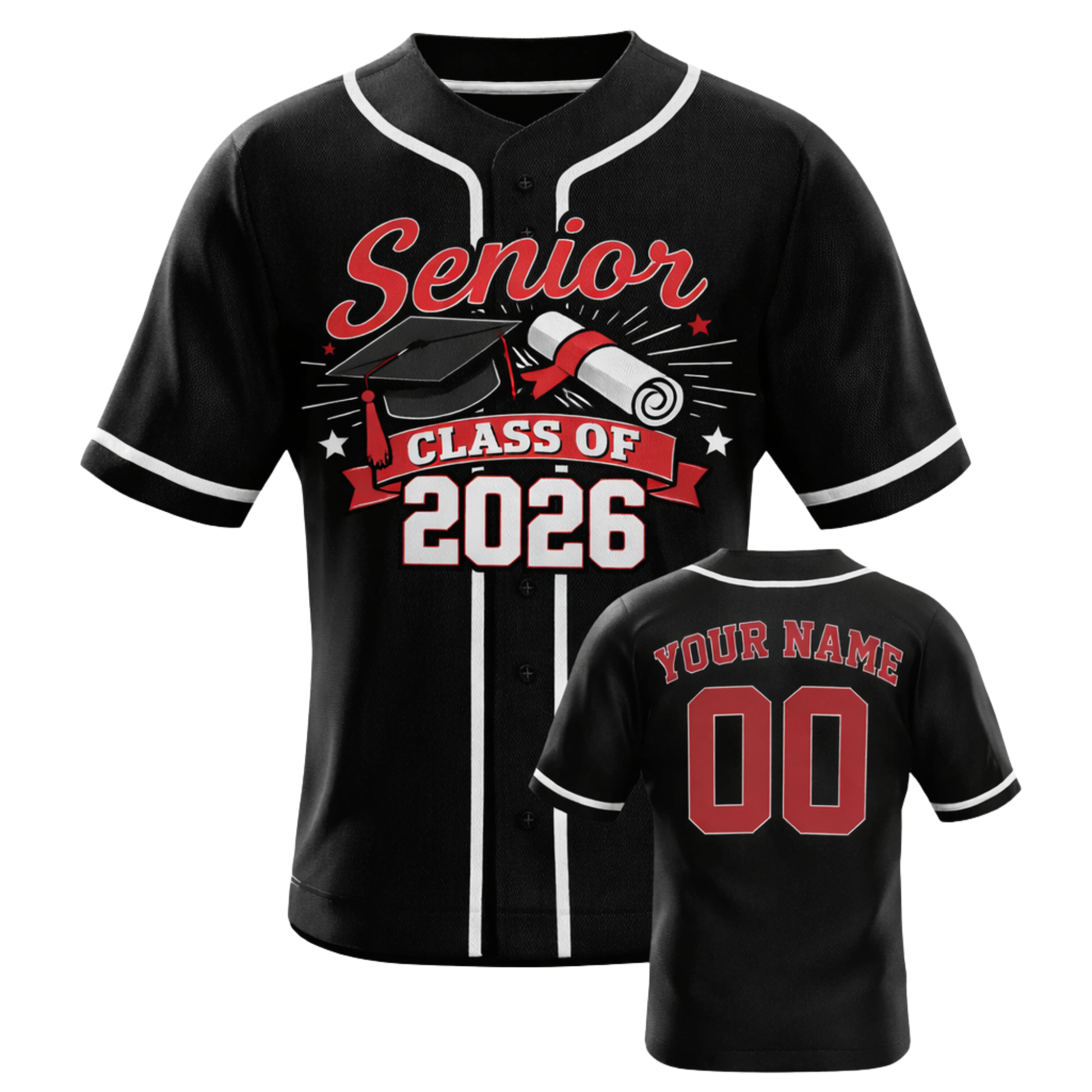 Custom Graduation Baseball Jersey Black and Red - Add Your Name and Number