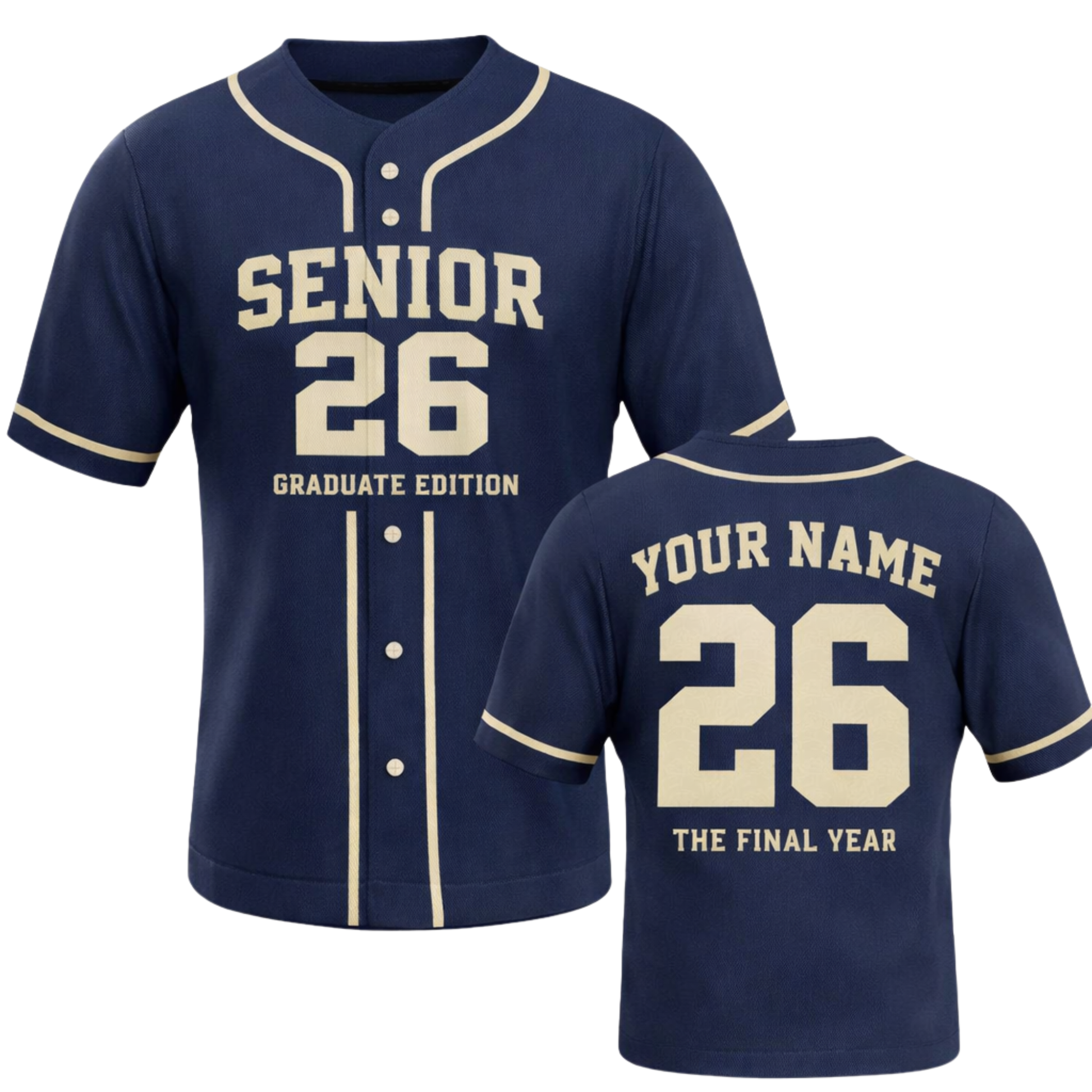 Custom Graduation Baseball Jersey Navy and Beige - Add Your Name and Number