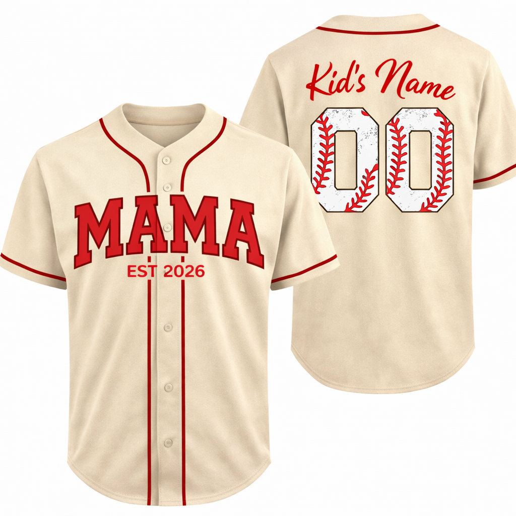 Custom Mother's Day Baseball Jersey Beige with Red Piping - Add Your Kid's Name and Number