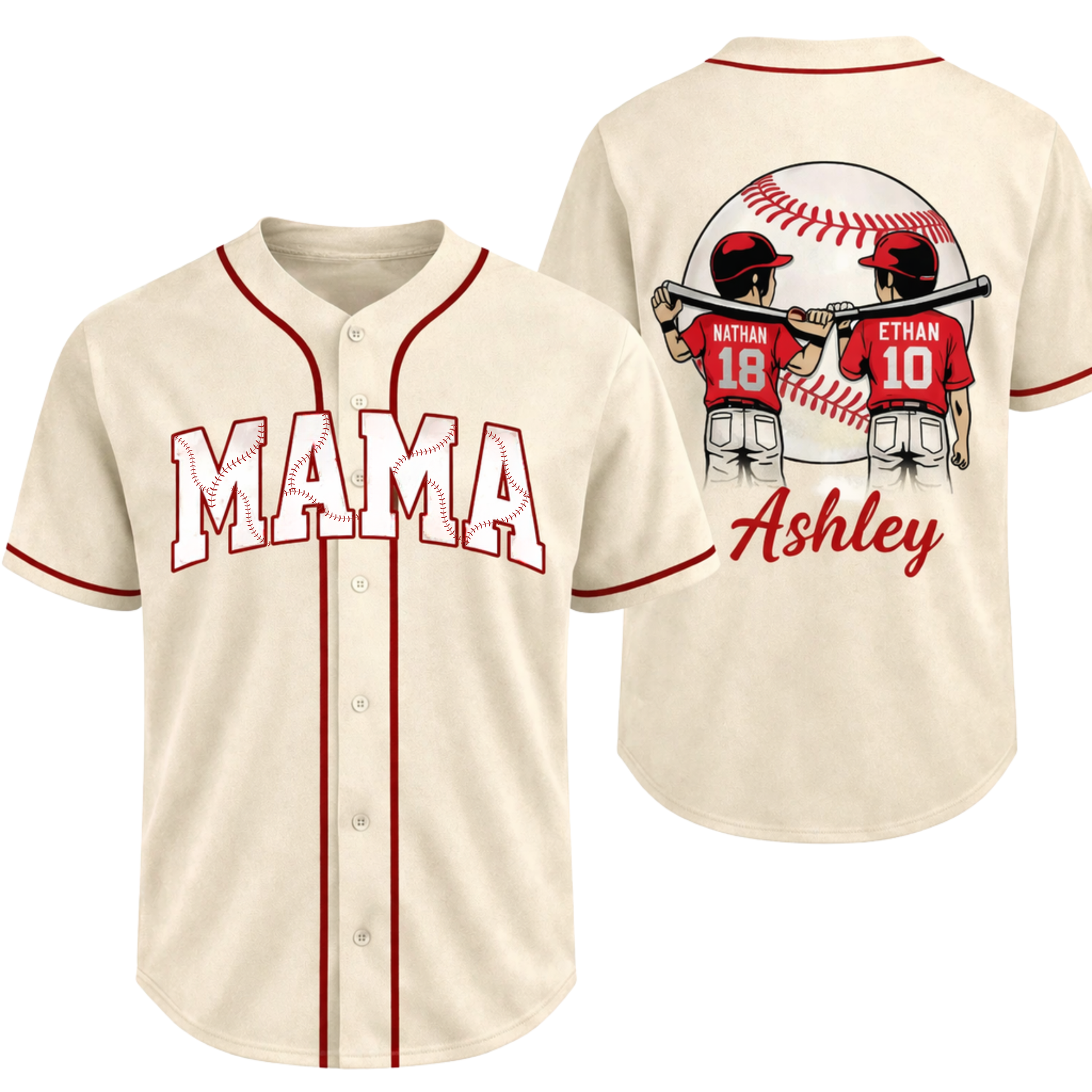 Custom Mother's Day Baseball Jersey Beige and Red - Ball Design with Kids Name