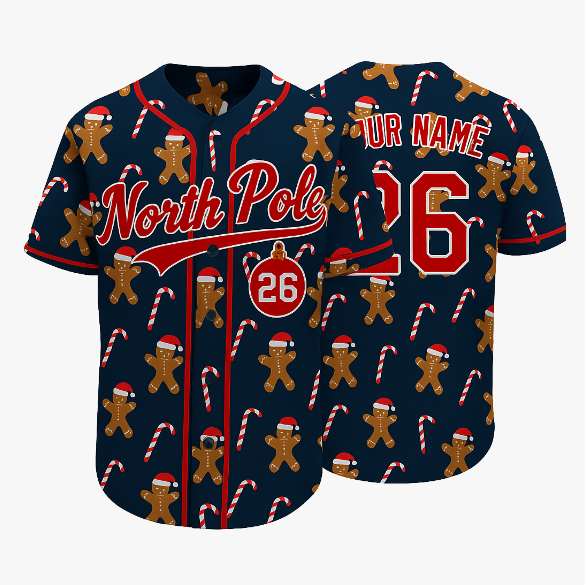 Custom Christmas Baseball Jersey Gingerbread Man Navy with Red Piping - Design Your Own