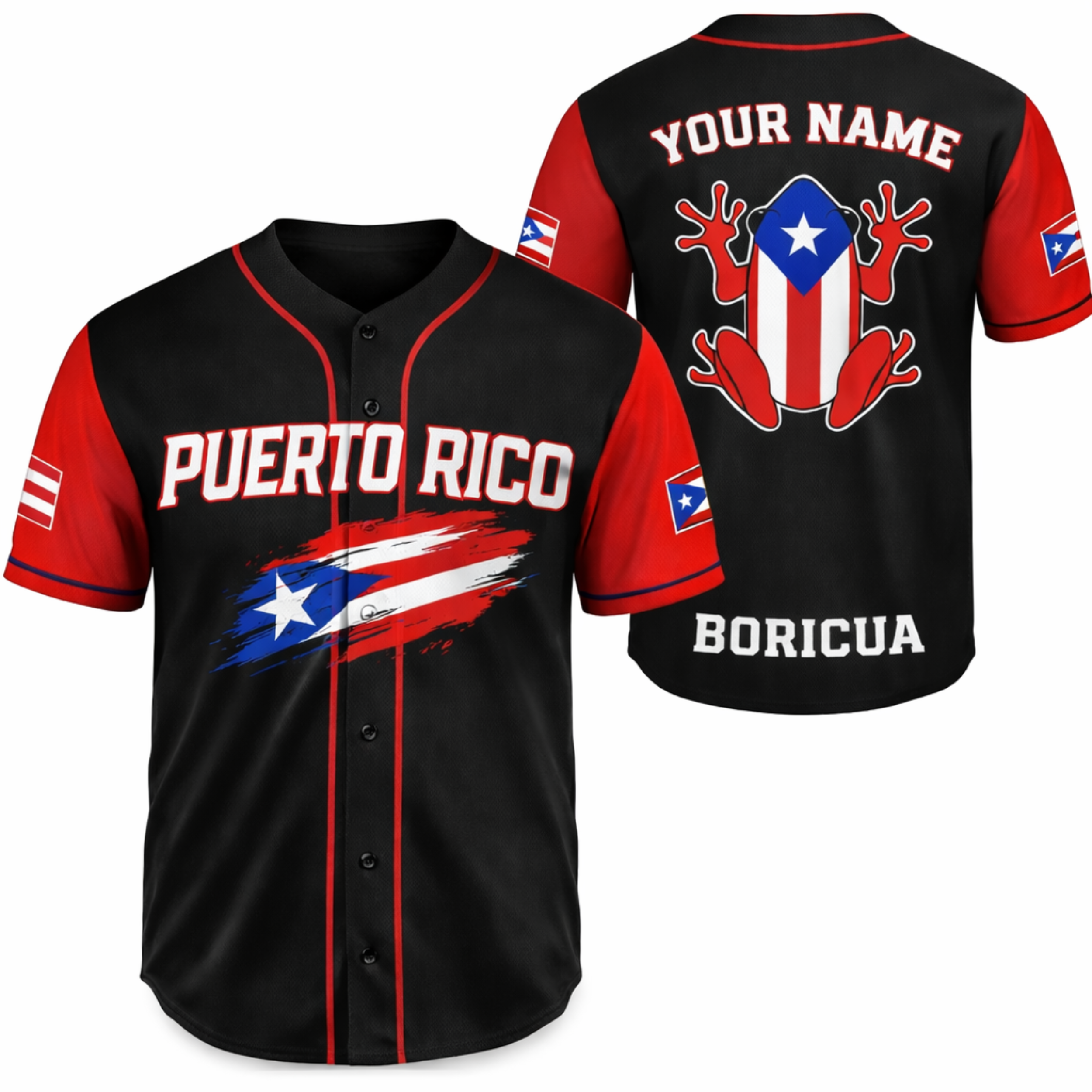 Custom Puerto Rico Baseball Jersey Black and Red with National Flag - Add Your Name