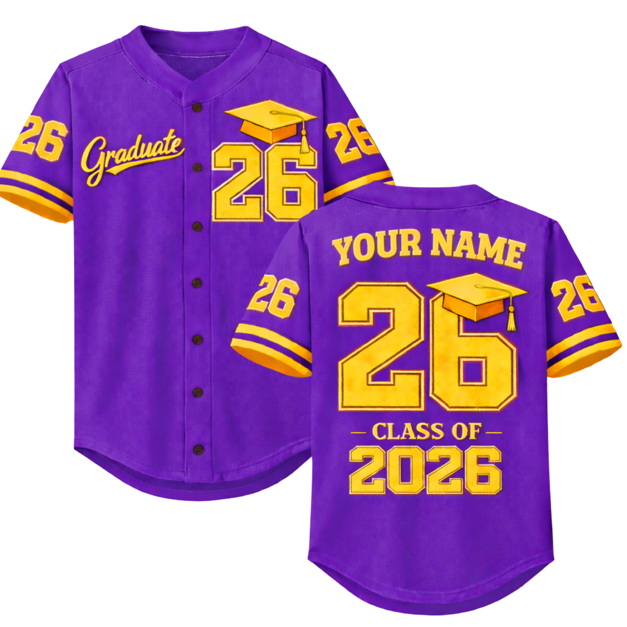 Custom Graduation Baseball Jersey Purple and Gold - Add Your Name and Number