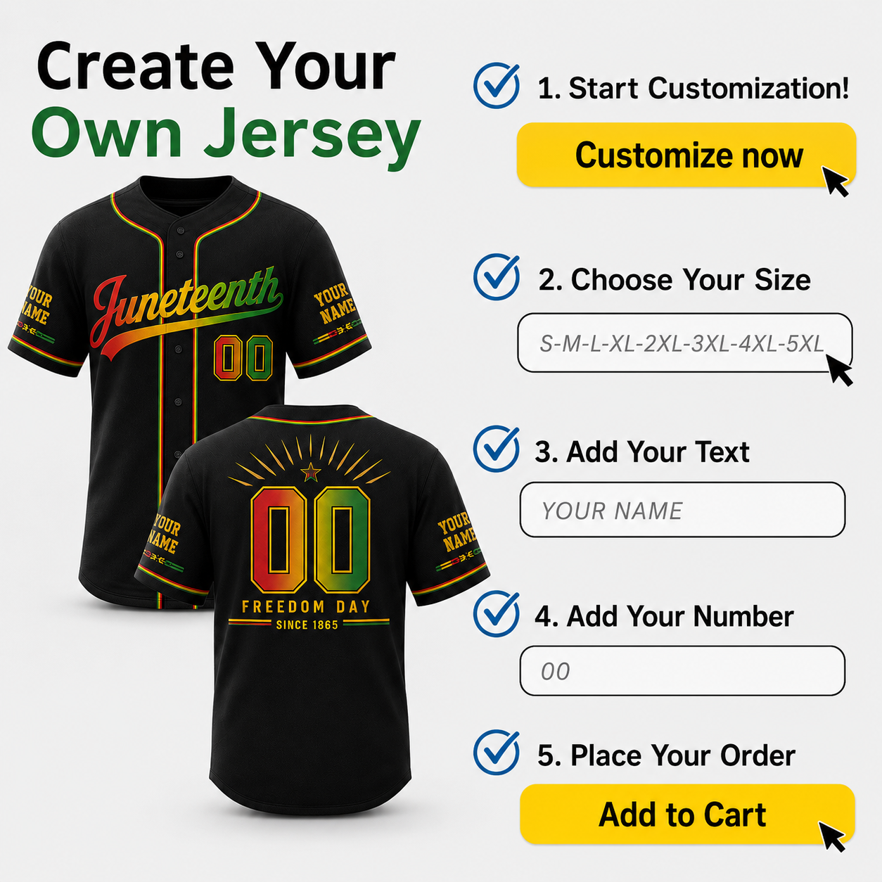 Custom Juneteenth Baseball Jersey Black Flag Design - Add Your Name and Number