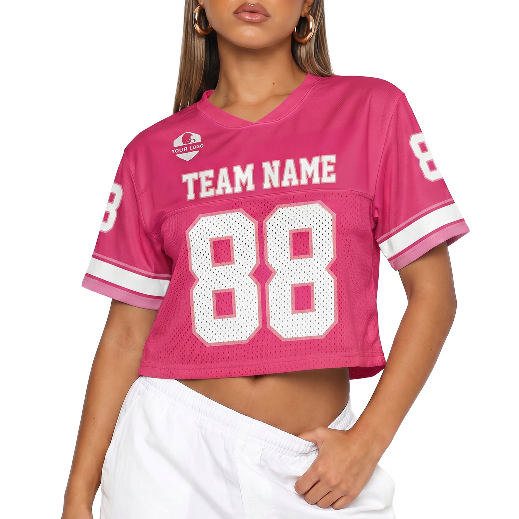 Custom Women's Crop Football Jersey Hot Pink and White - Design Your Own