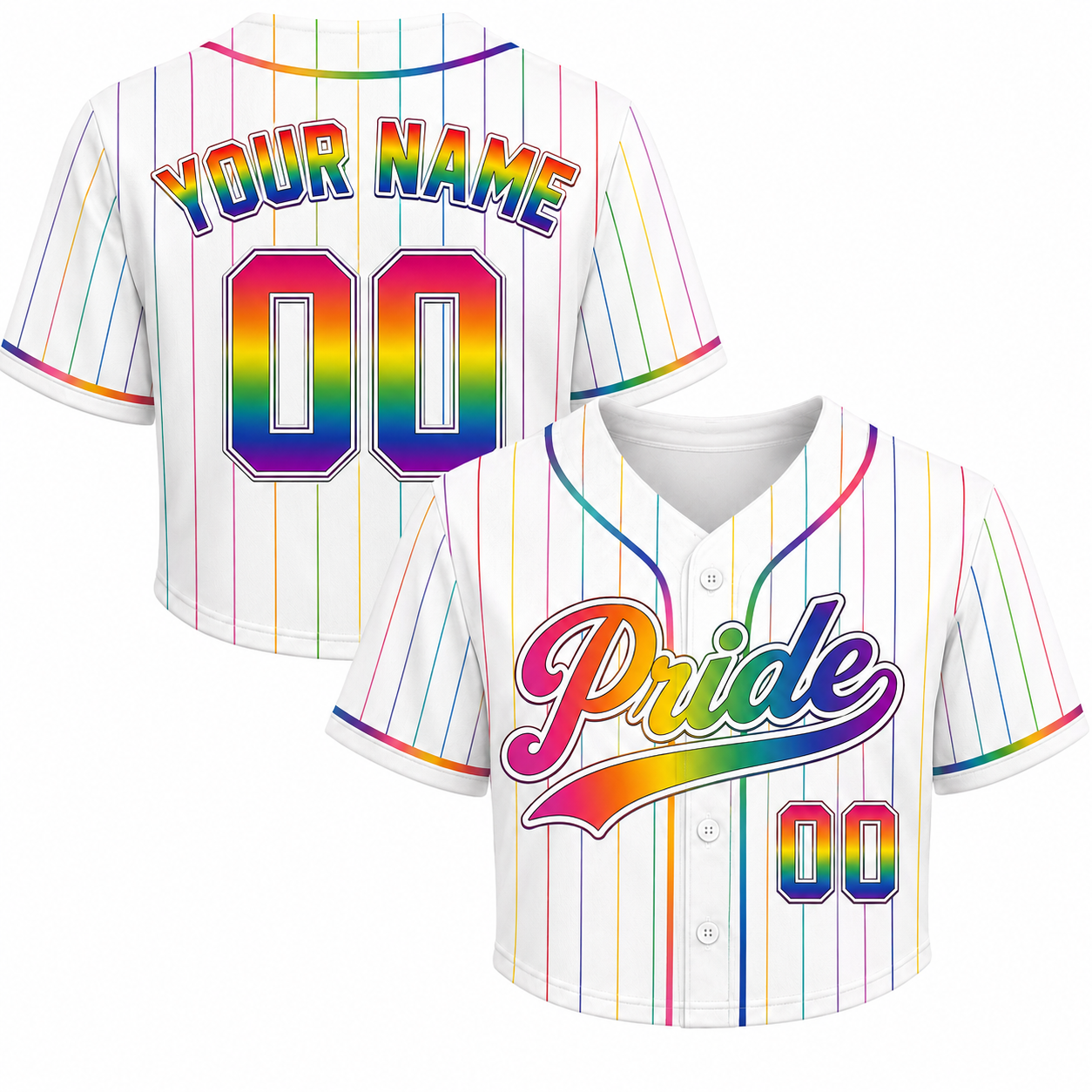 Custom Pride Crop Baseball Jersey White and Rainbow Pinstripe - Add Your Name and Number
