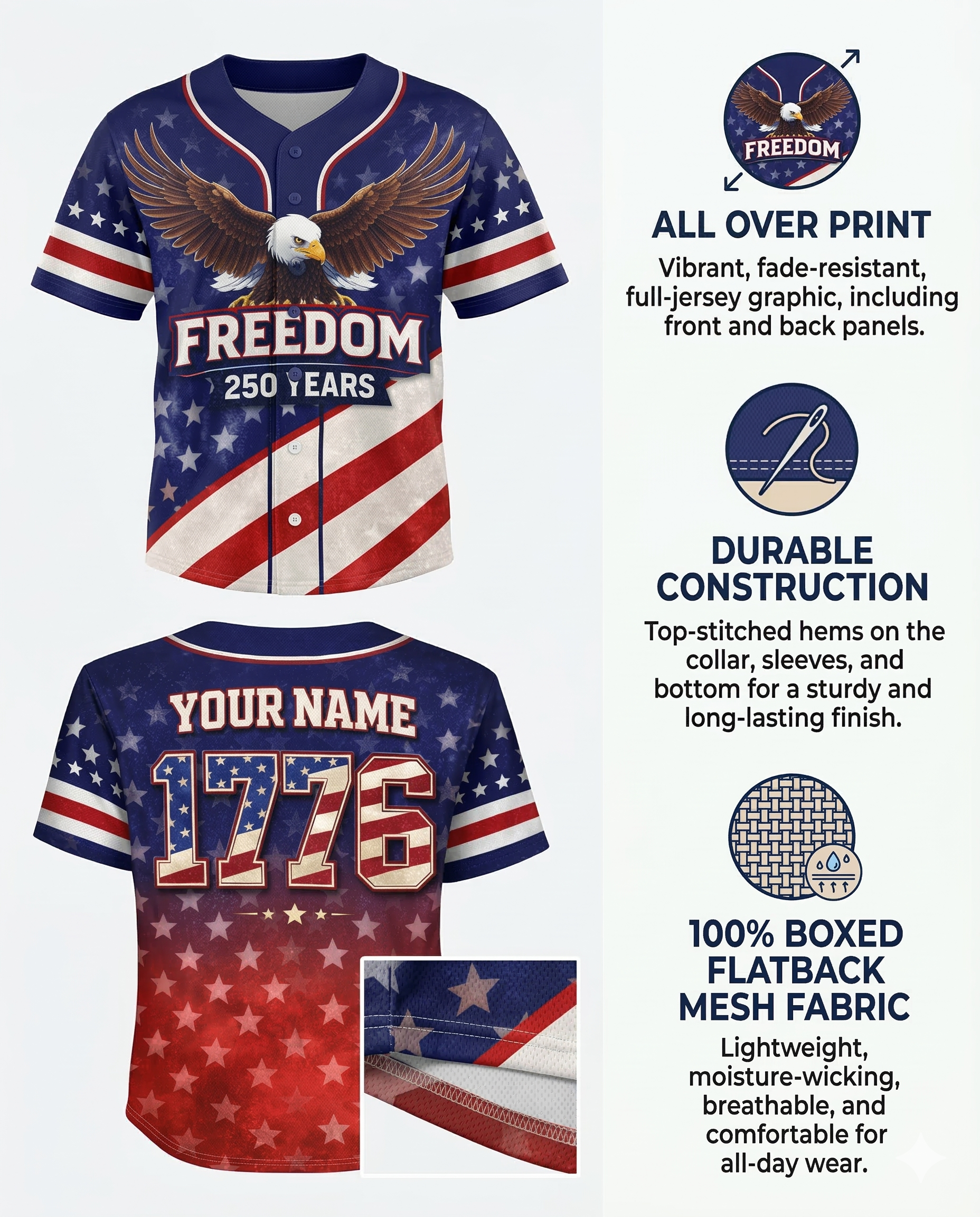 Custom USA 250th Anniversary Crop Baseball Jersey Retro America 1776 - Design Your Own