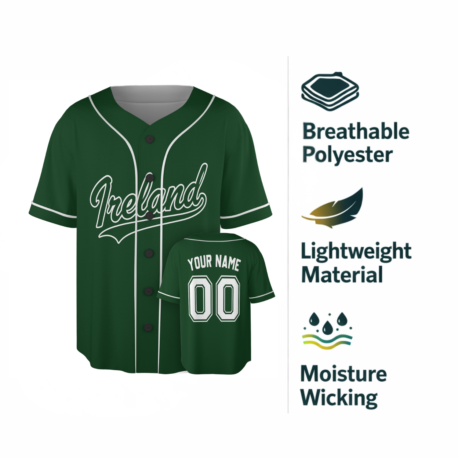 Custom Ireland Baseball Jersey Irish Fan Classic Script Green – Personalized Name Number