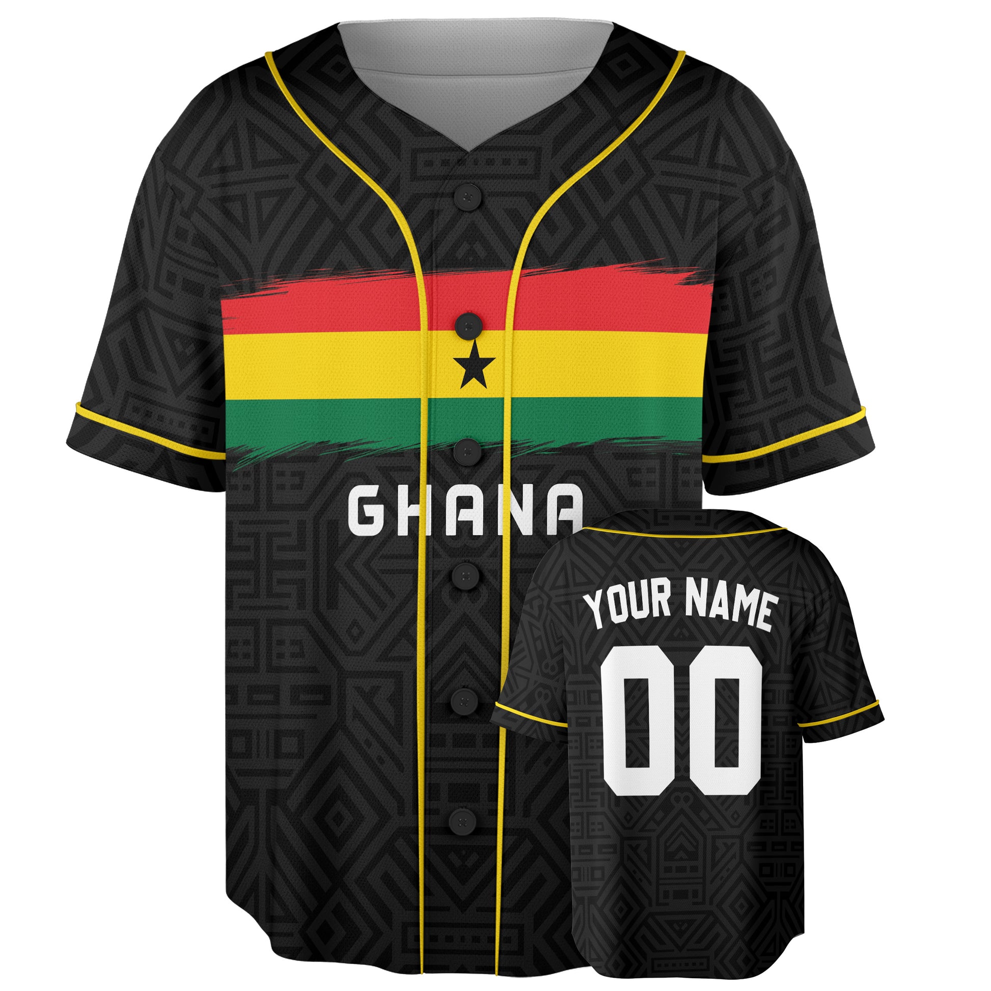 Custom Ghana Baseball Jersey Ghanaian Fan Tribal Pattern – Personalized Name Number