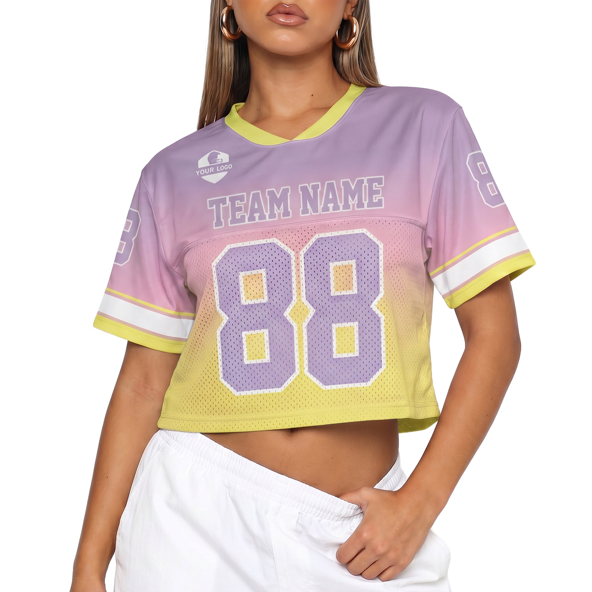 Custom Women's Crop Football Jersey Yellow and Lilac Gradient - Design Your Own