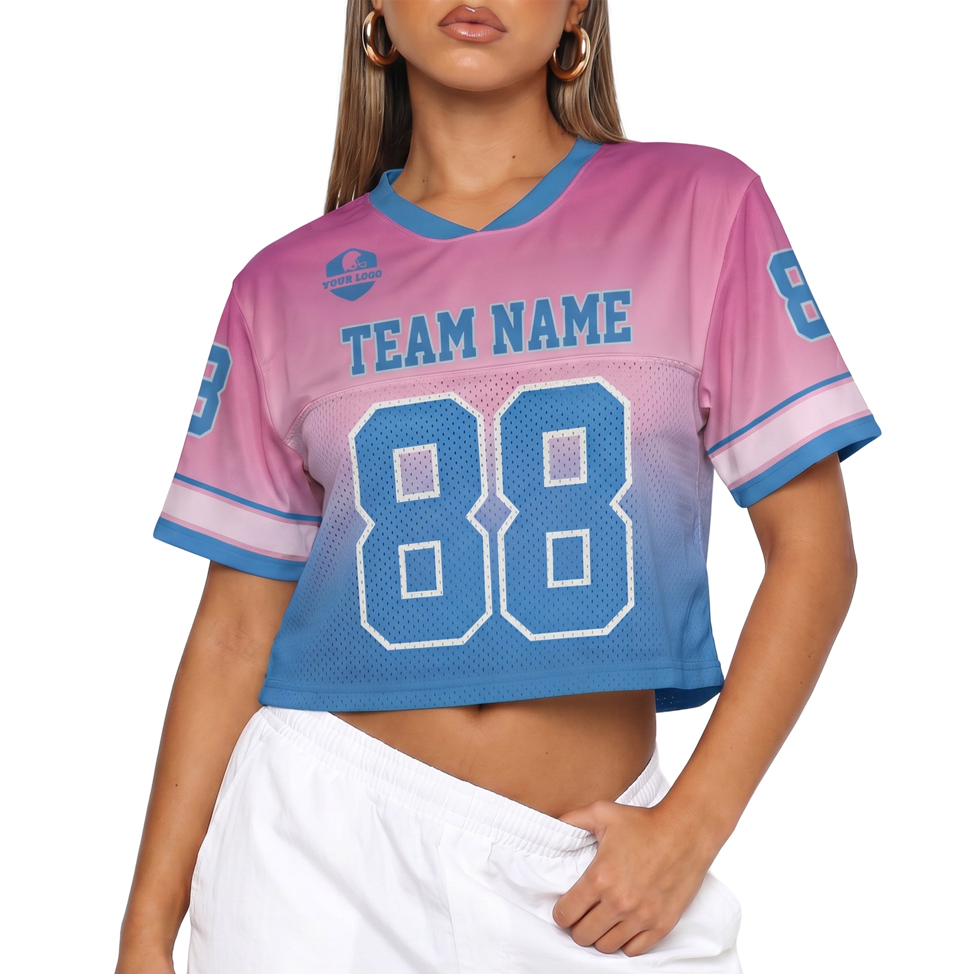 Custom Women's Crop Football Jersey Blue and Pink Gradient - Design Your Own