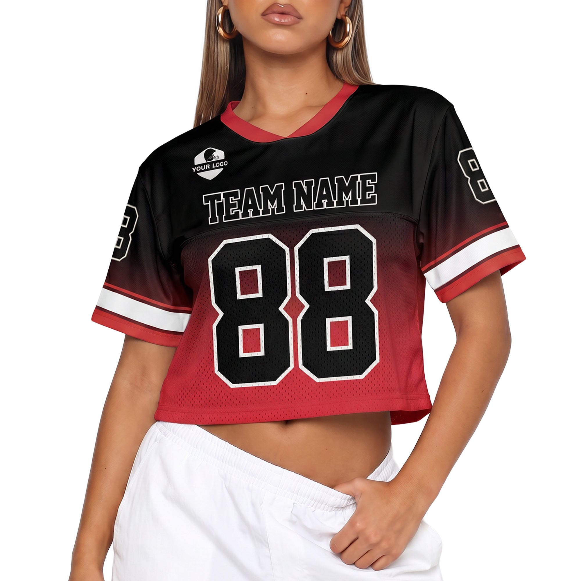 Custom Women's Crop Football Jersey Red and Black Gradient - Design Your Own