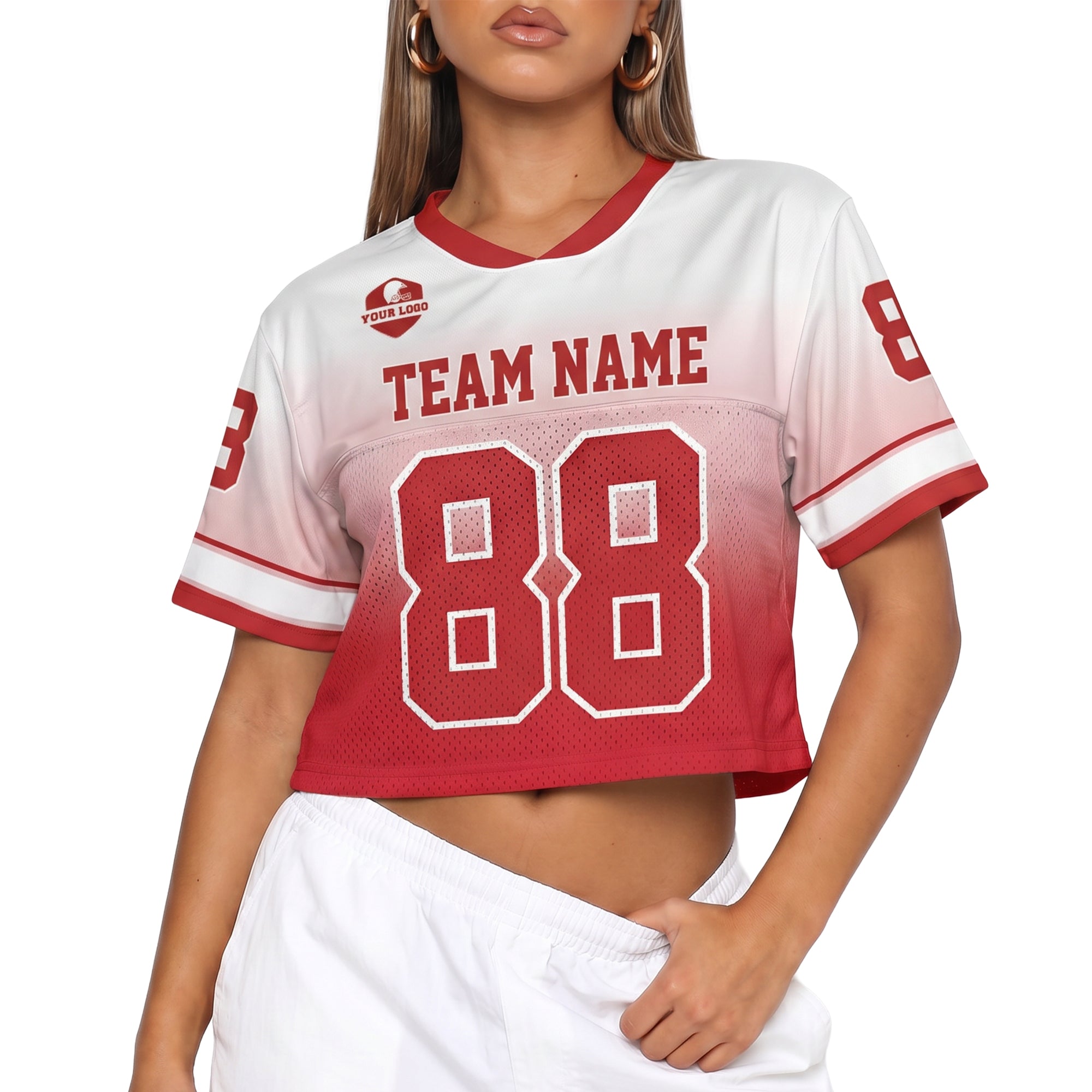 Custom Women's Crop Football Jersey Red and White Gradient - Design Your Own