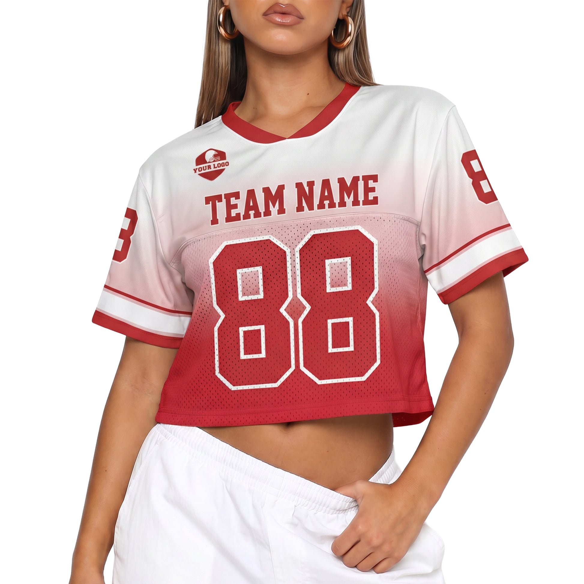 Custom Women's Crop Football Jersey Red and White Gradient - Design Your Own