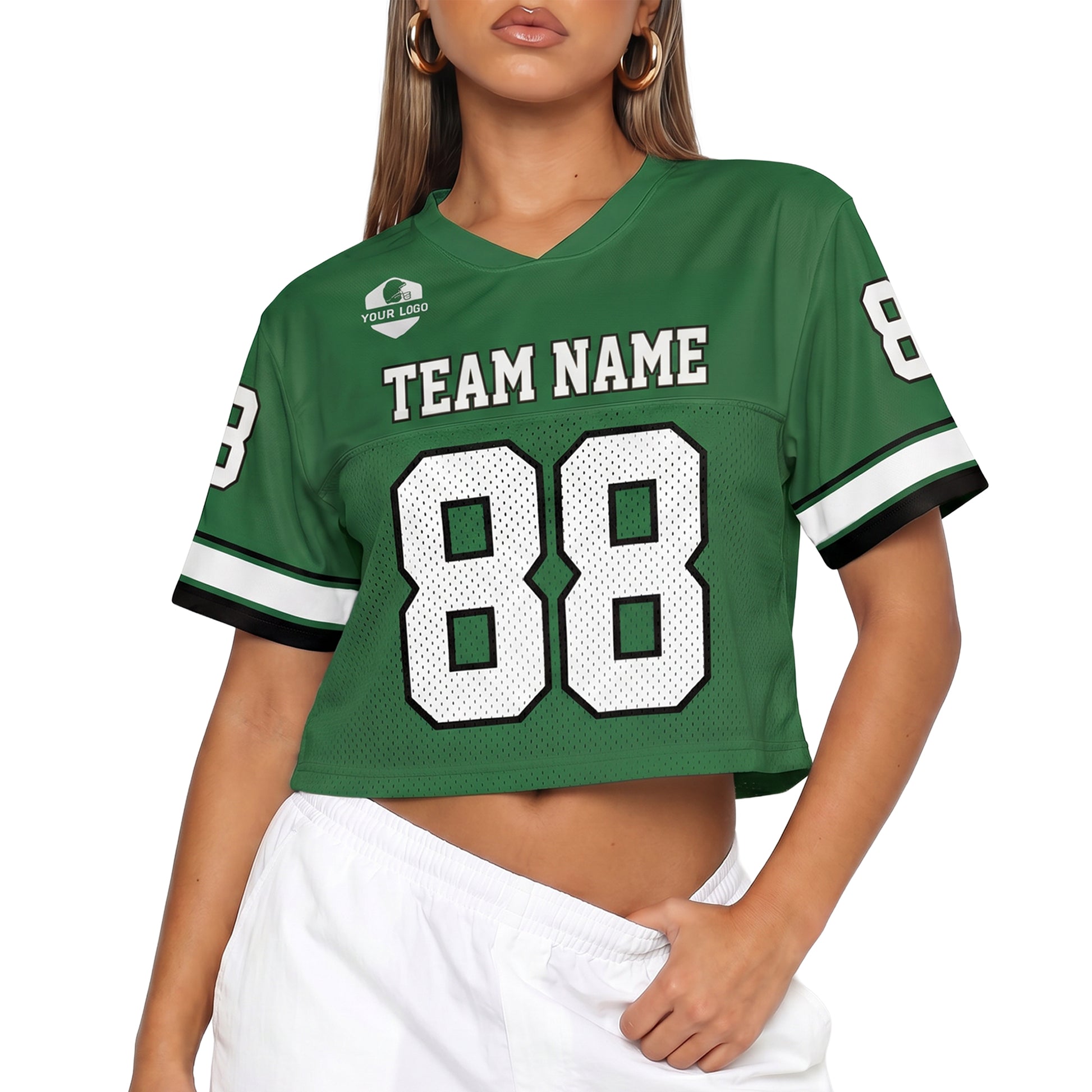 Custom Women's Crop Football Jersey Green and White - Design Your Own