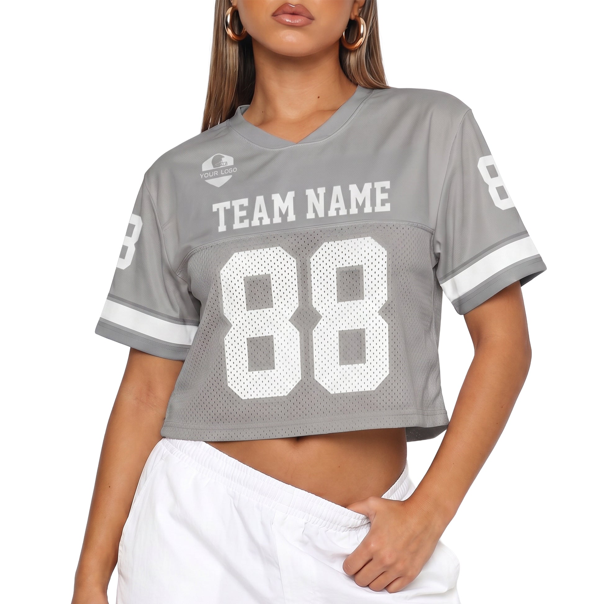 Custom Women's Crop Football Jersey Gray and White - Design Your Own