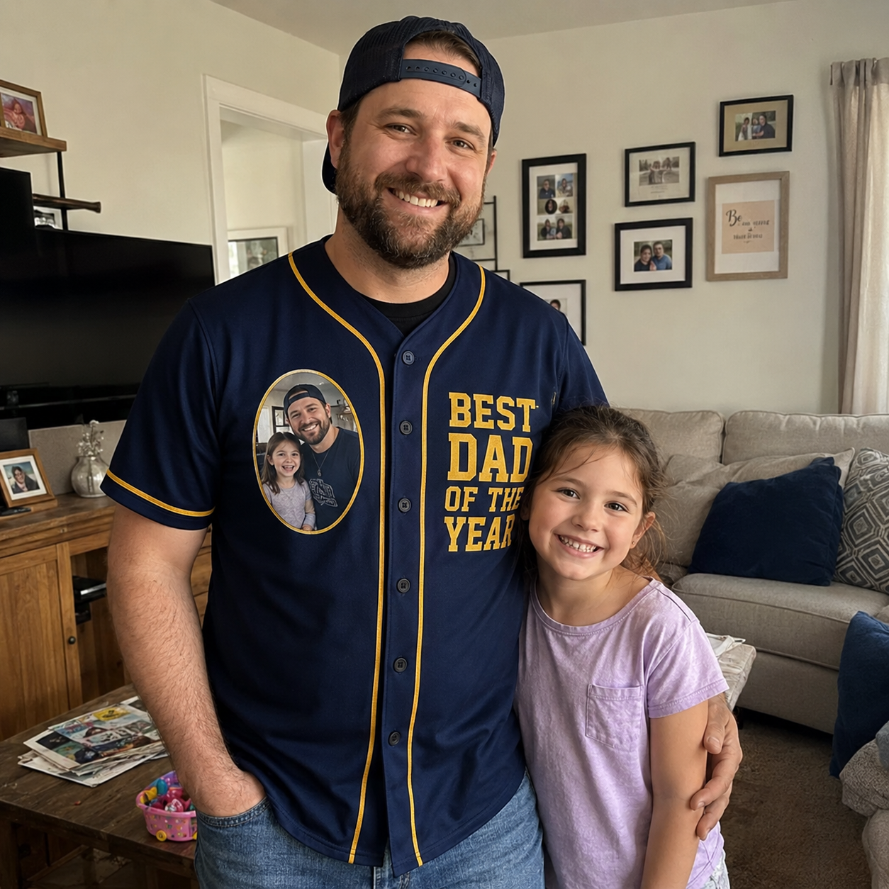 Custom Father's Day Baseball Jersey Navy with Gold Piping - Add Your Name and Photo