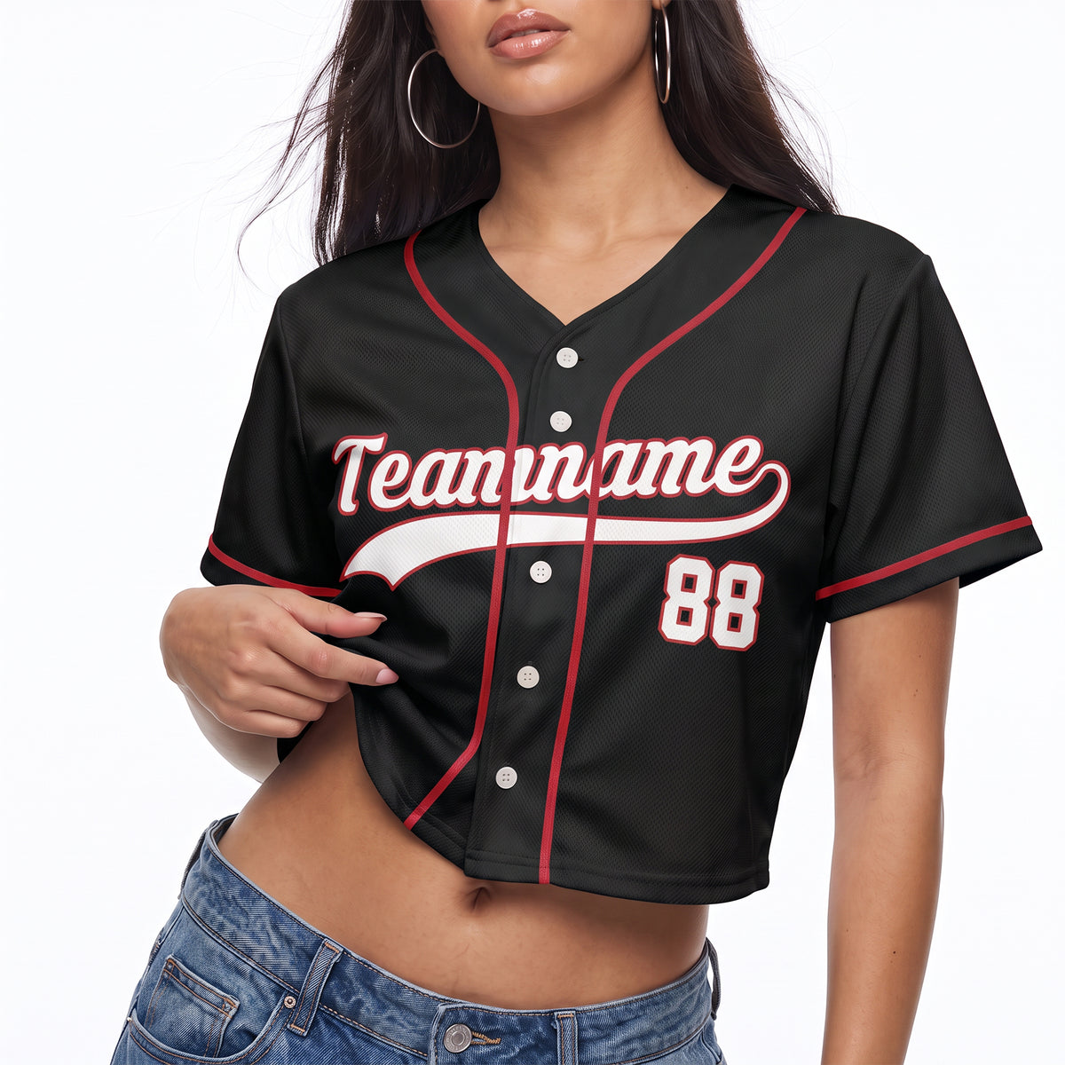 Custom Women's Crop Baseball Jersey Black and Red - Design Your Own