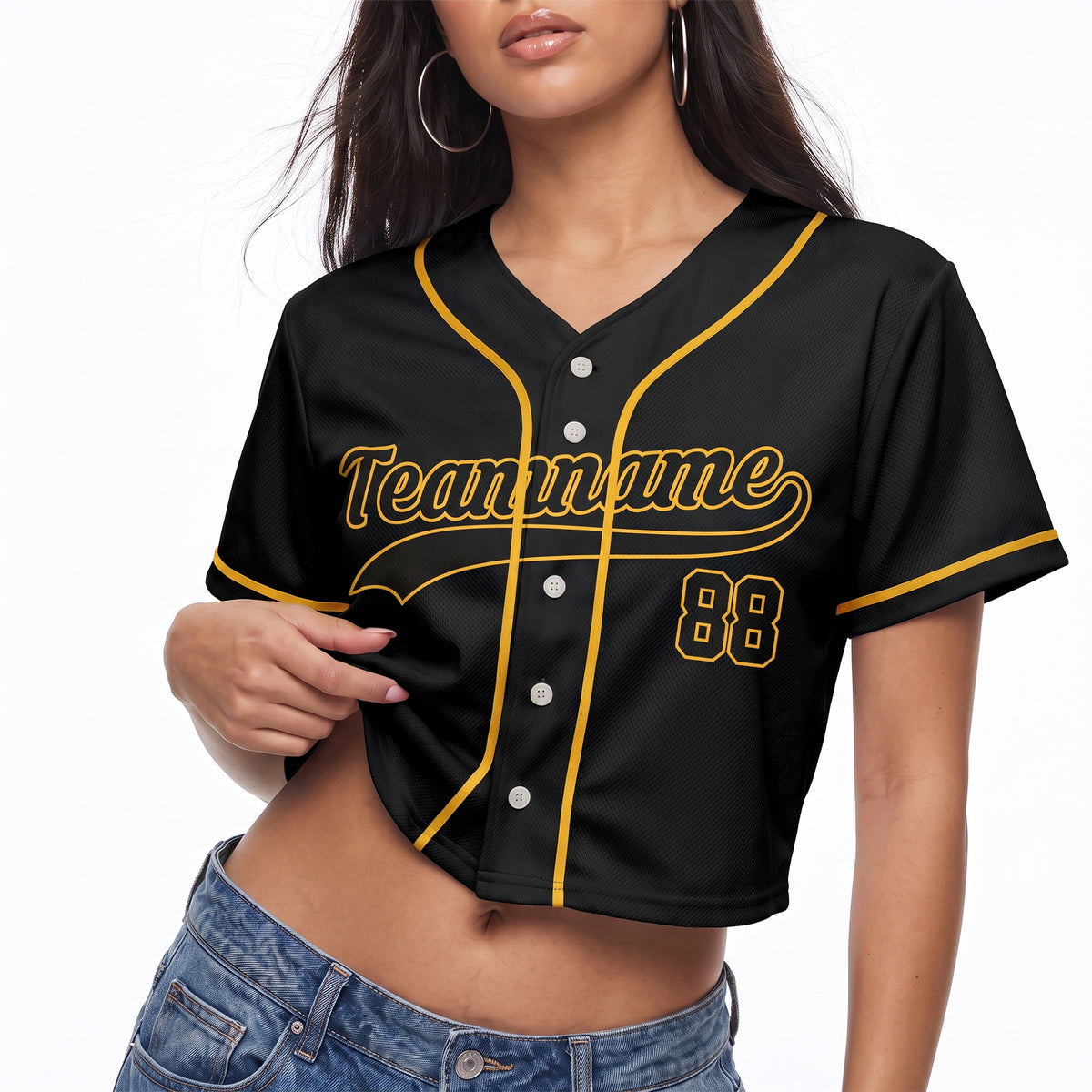 Custom Women's Crop Baseball Jersey Black and Yellow - Design Your Own