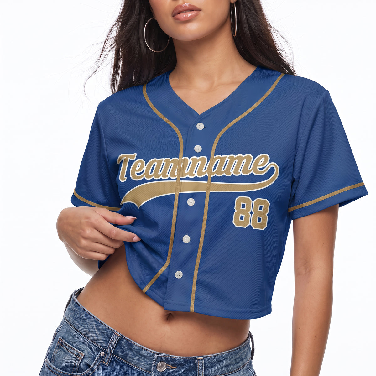 Custom Women's Crop Baseball Jersey Blue and Gold - Design Your Own