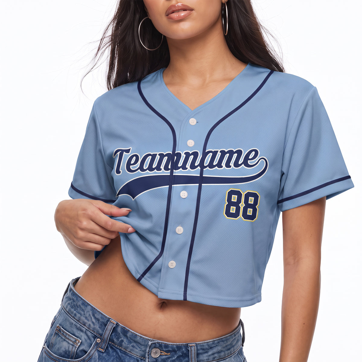 Custom Women's Crop Baseball Jersey Light Blue and Navy - Design Your Own