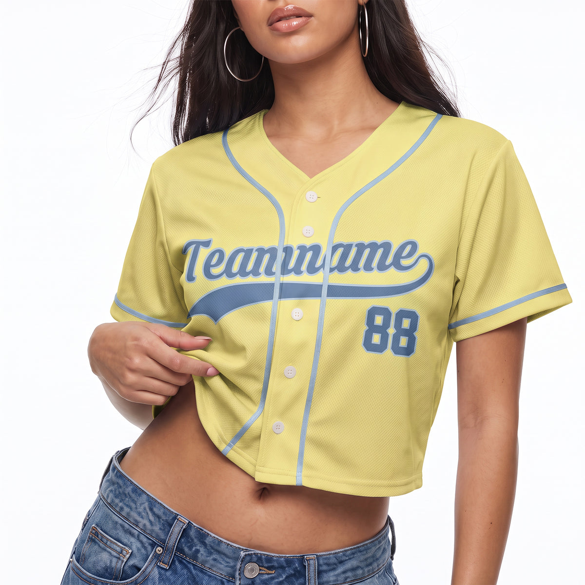 Custom Women's Crop Baseball Jersey Butter and Light Blue - Design Your Own