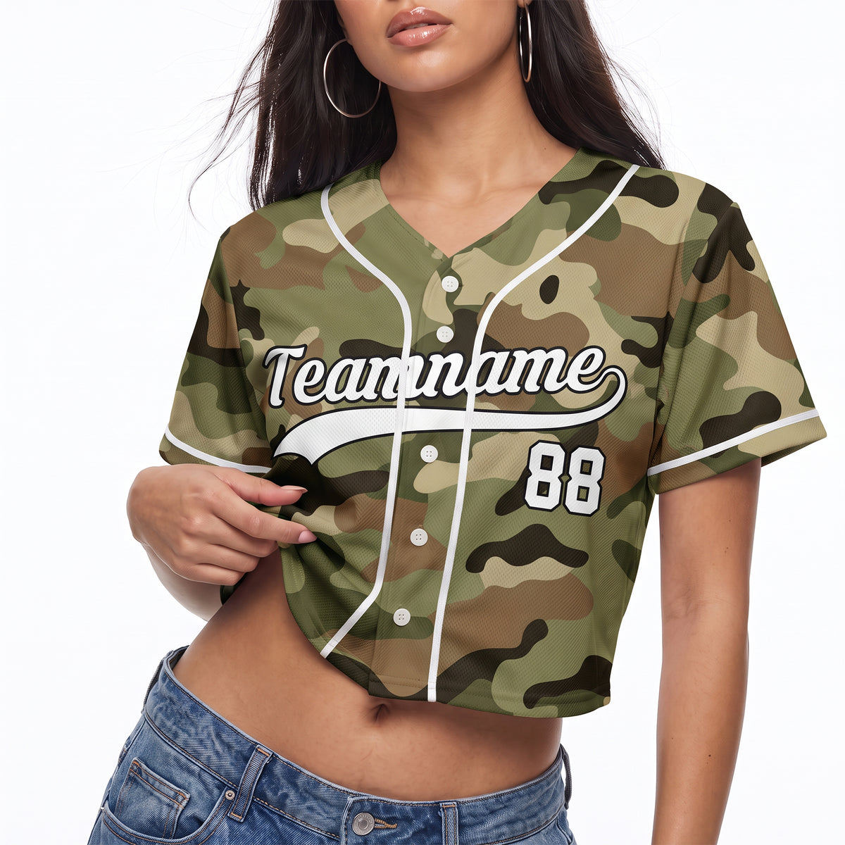 Custom Women's Crop Baseball Jersey Green Camouflage - Design Your Own