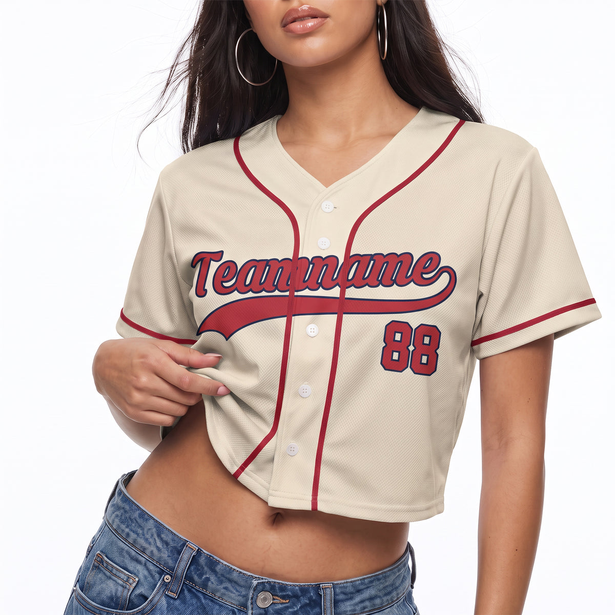 Custom Women's Crop Baseball Jersey Cream and Red - Design Your Own