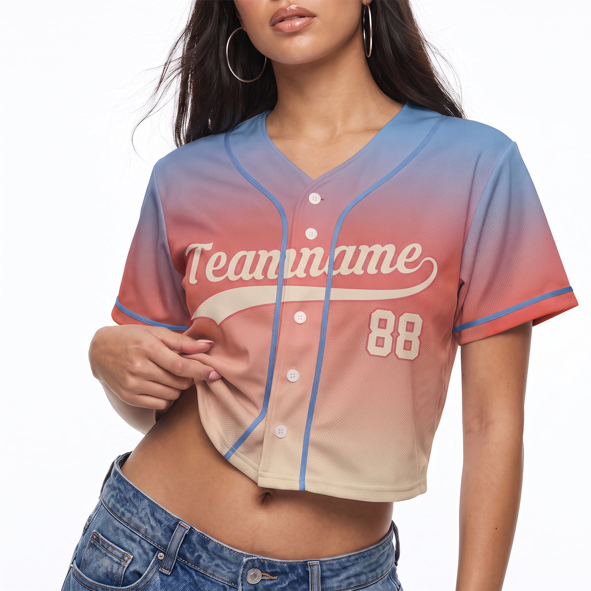 Custom Women's Crop Baseball Jersey Blue Peach and Cream Gradient - Design Your Own