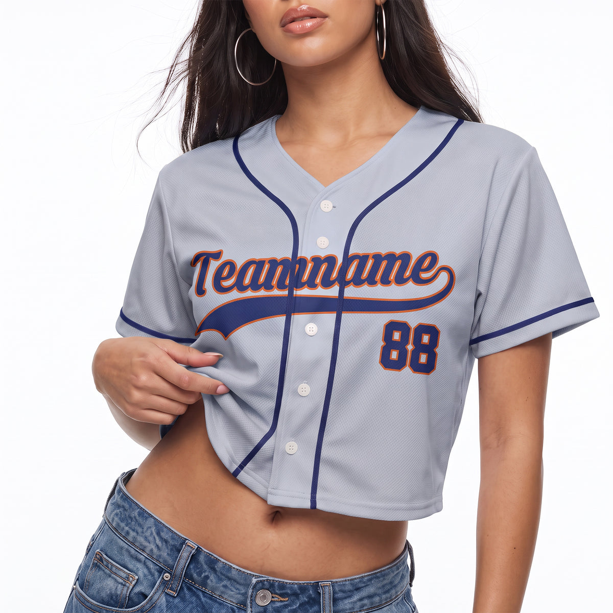 Custom Women's Crop Baseball Jersey Gray and Navy - Design Your Own