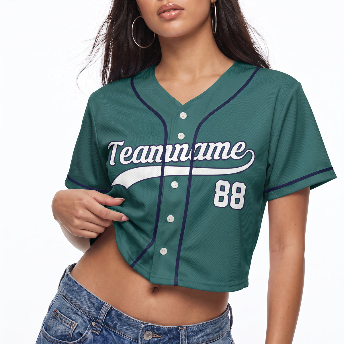 Custom Women's Crop Baseball Jersey Dark Teal and Navy - Design Your Own
