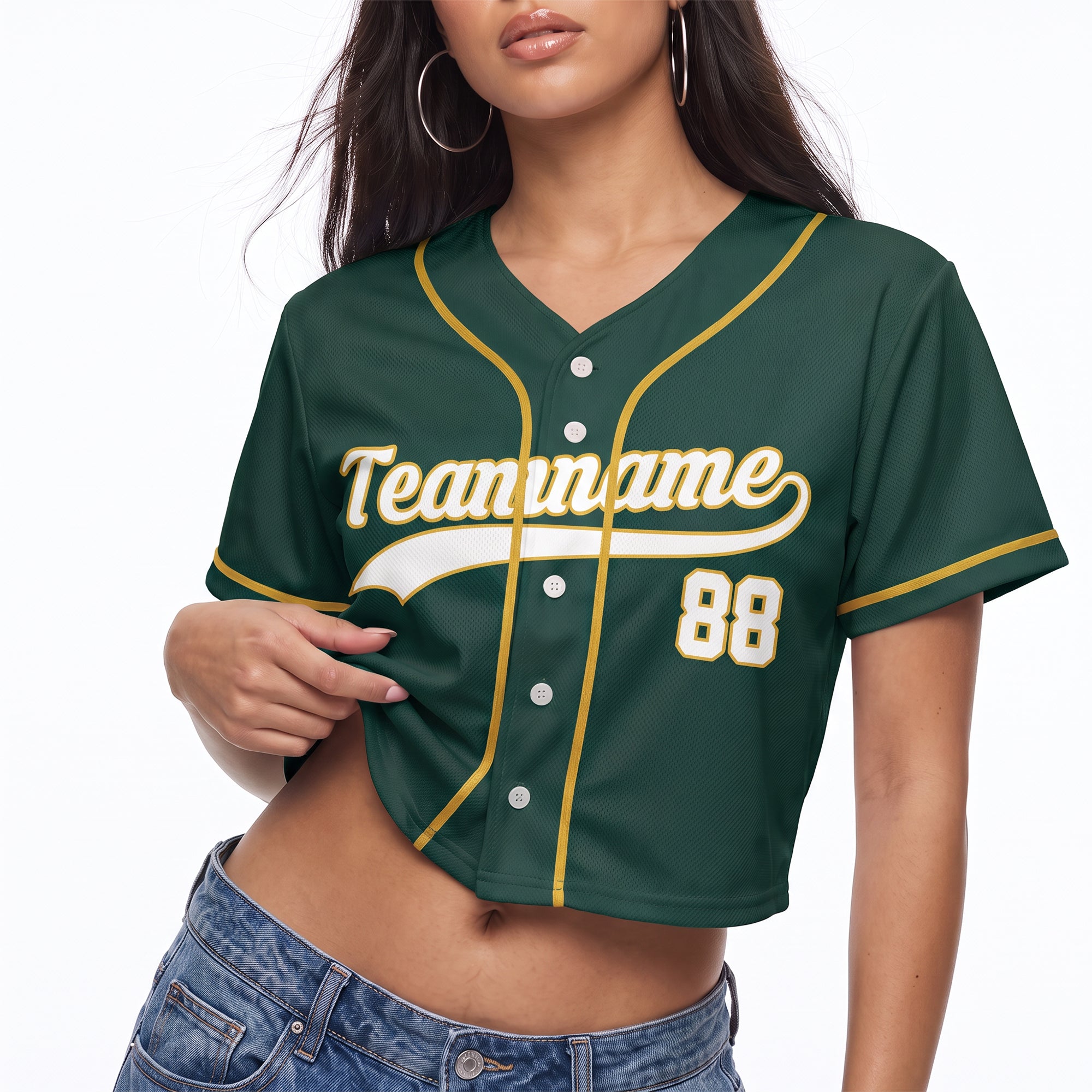 Custom Women's Crop Baseball Jersey Green and Yellow - Design Your Own