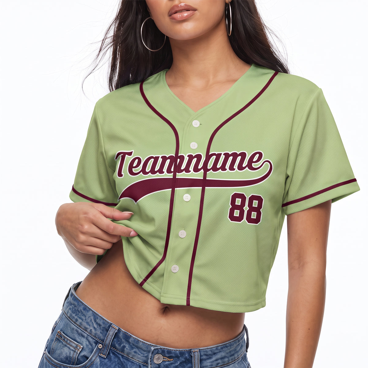 Custom Women's Crop Baseball Jersey Light Green and Cherry - Design Your Own