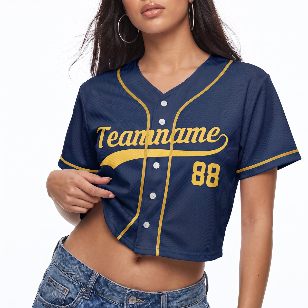 Custom Women's Crop Baseball Jersey Navy and Yellow - Design Your Own