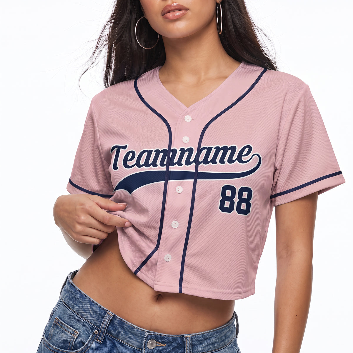 Custom Women's Crop Baseball Jersey Light Pink and Navy - Design Your Own