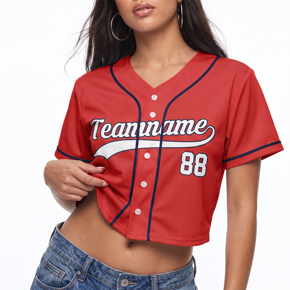 Custom Women's Crop Baseball Jersey Red and Navy - Design Your Own