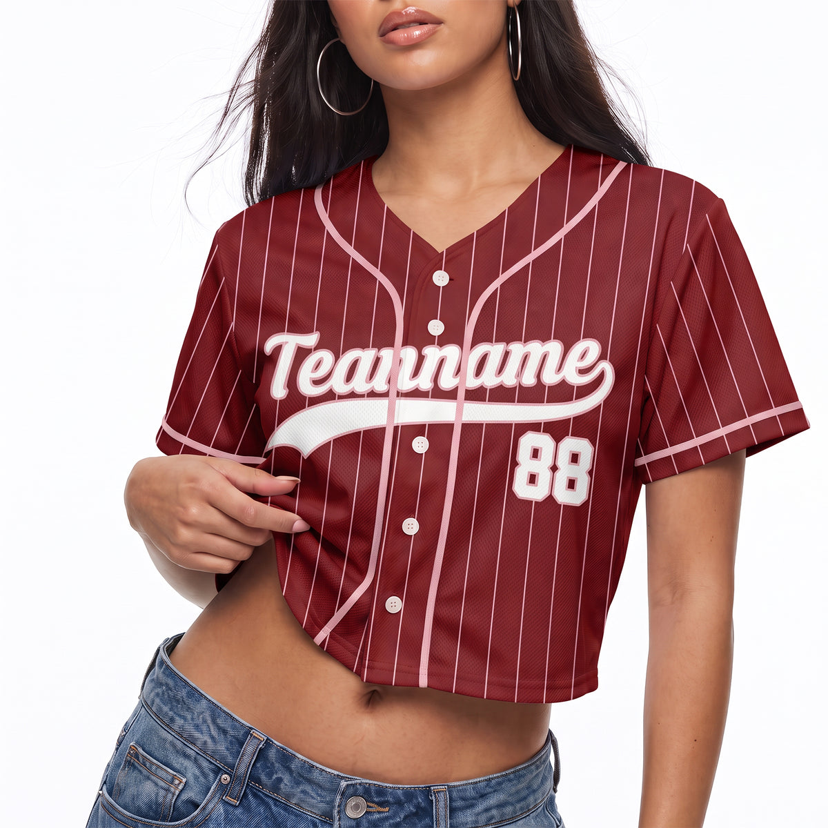 Custom Women's Crop Baseball Jersey Burgundy and Light Pink Striped - Design Your Own