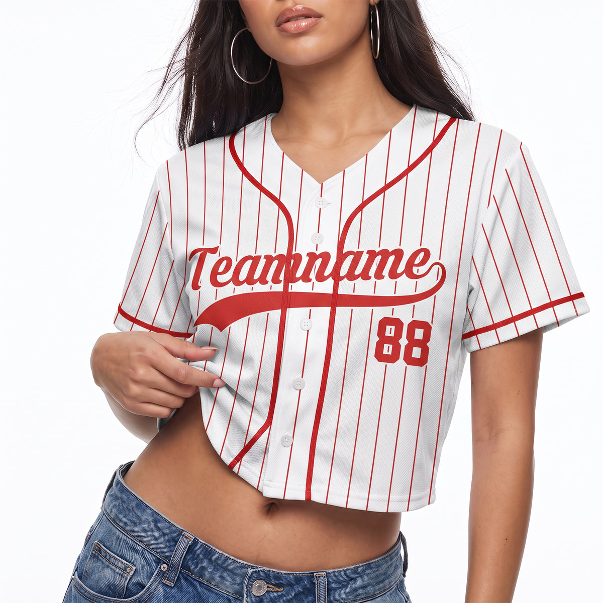 Custom Women's Crop Baseball Jersey White and Scarlet Striped - Design Your Own