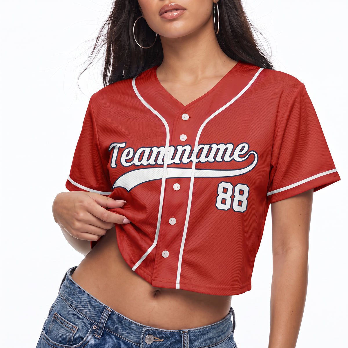 Custom Women's Crop Baseball Jersey Red and White - Design Your Own