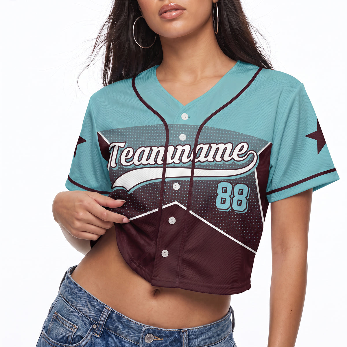 Custom Women's Crop Baseball Jersey Star Brown and Teal - Design Your Own
