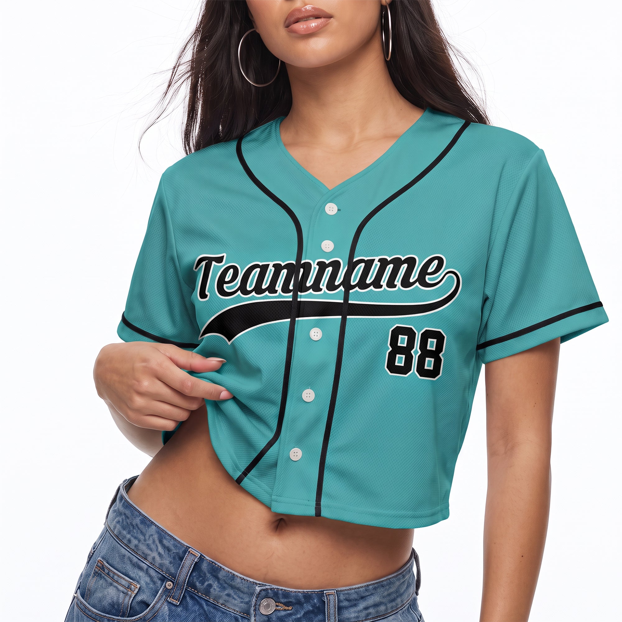 Custom Women's Crop Baseball Jersey Teal and Black - Design Your Own