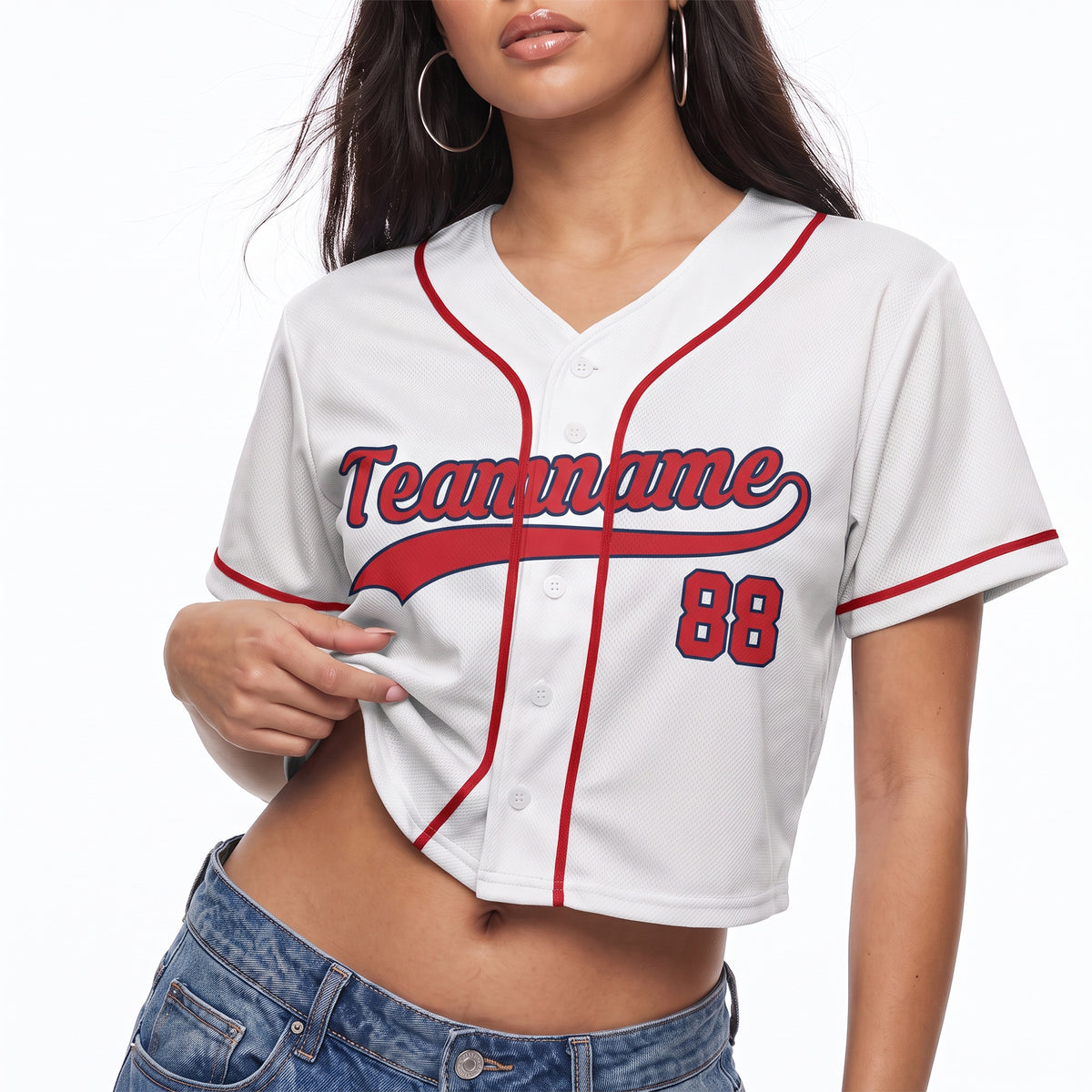 Custom Women's Crop Baseball Jersey White and Red - Design Your Own