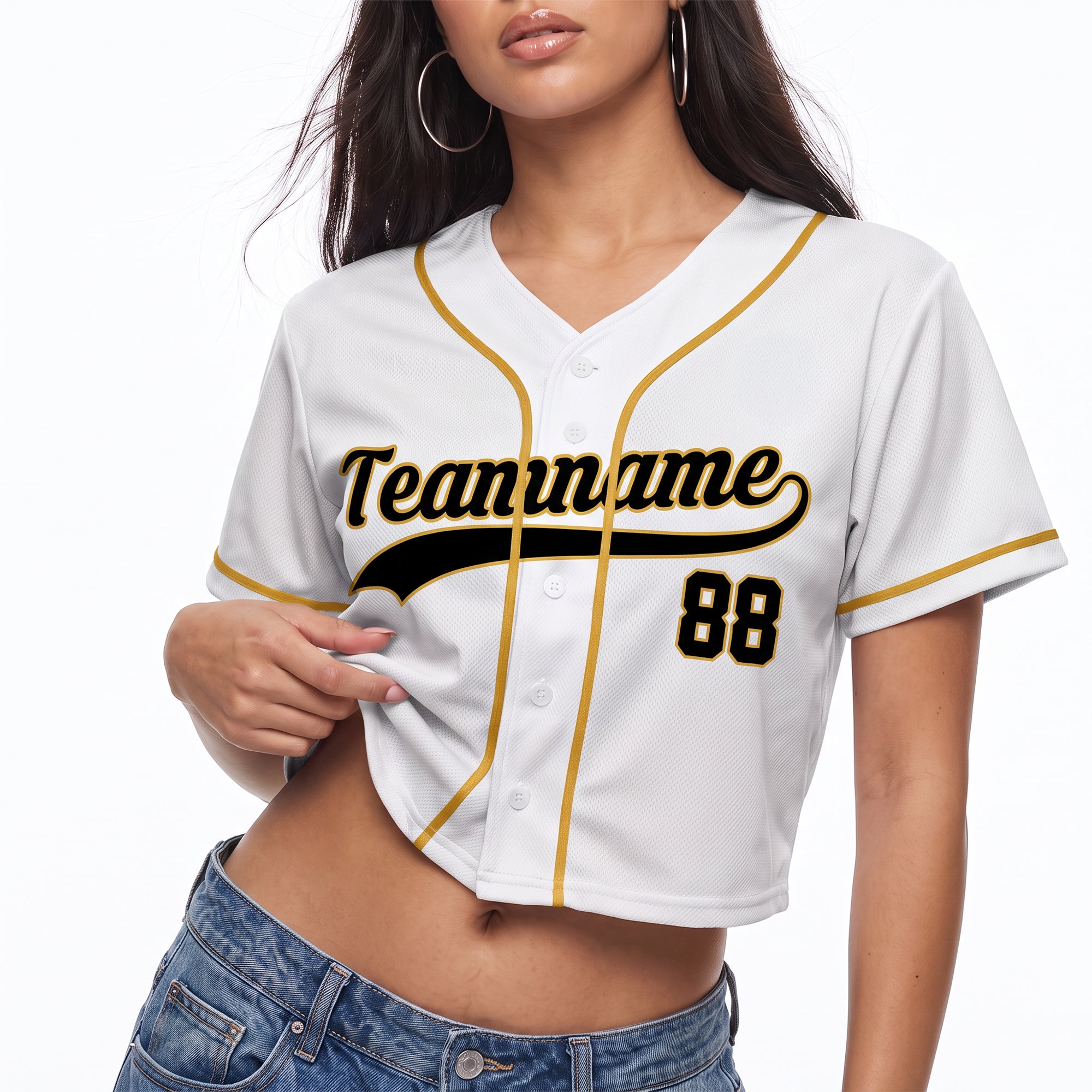 Custom Women's Crop Baseball Jersey White and Yellow - Design Your Own