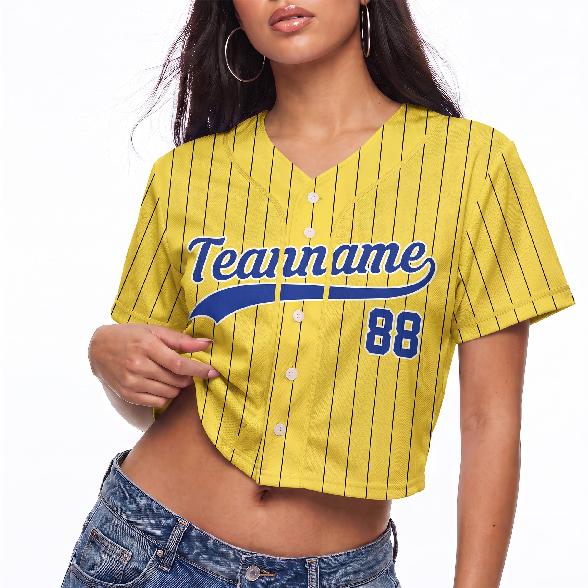 Custom Women's Crop Baseball Jersey Yellow and Royal Striped - Design Your Own