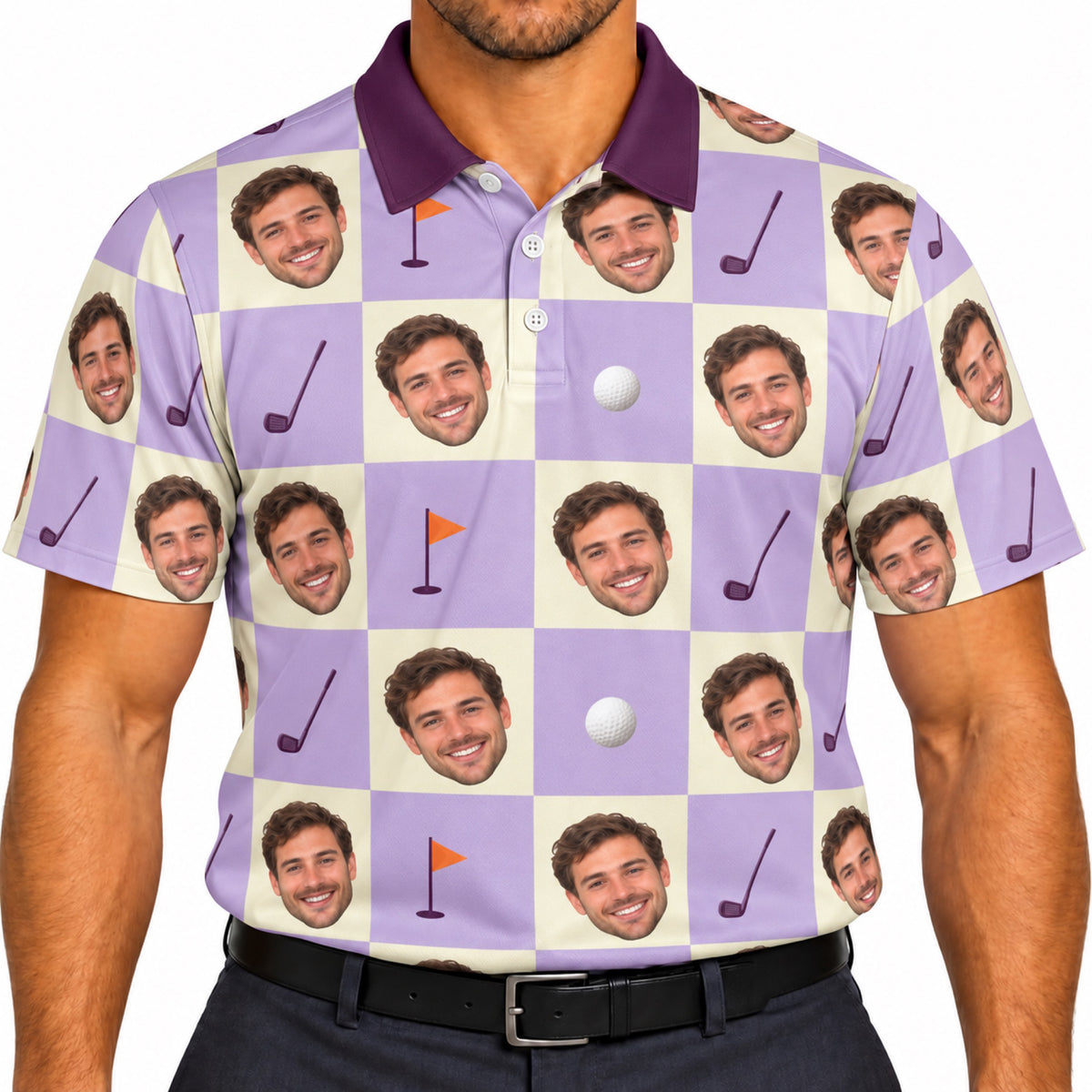 Custom Purple Checkered Golf Polo Face Crop - Add Your Photo
