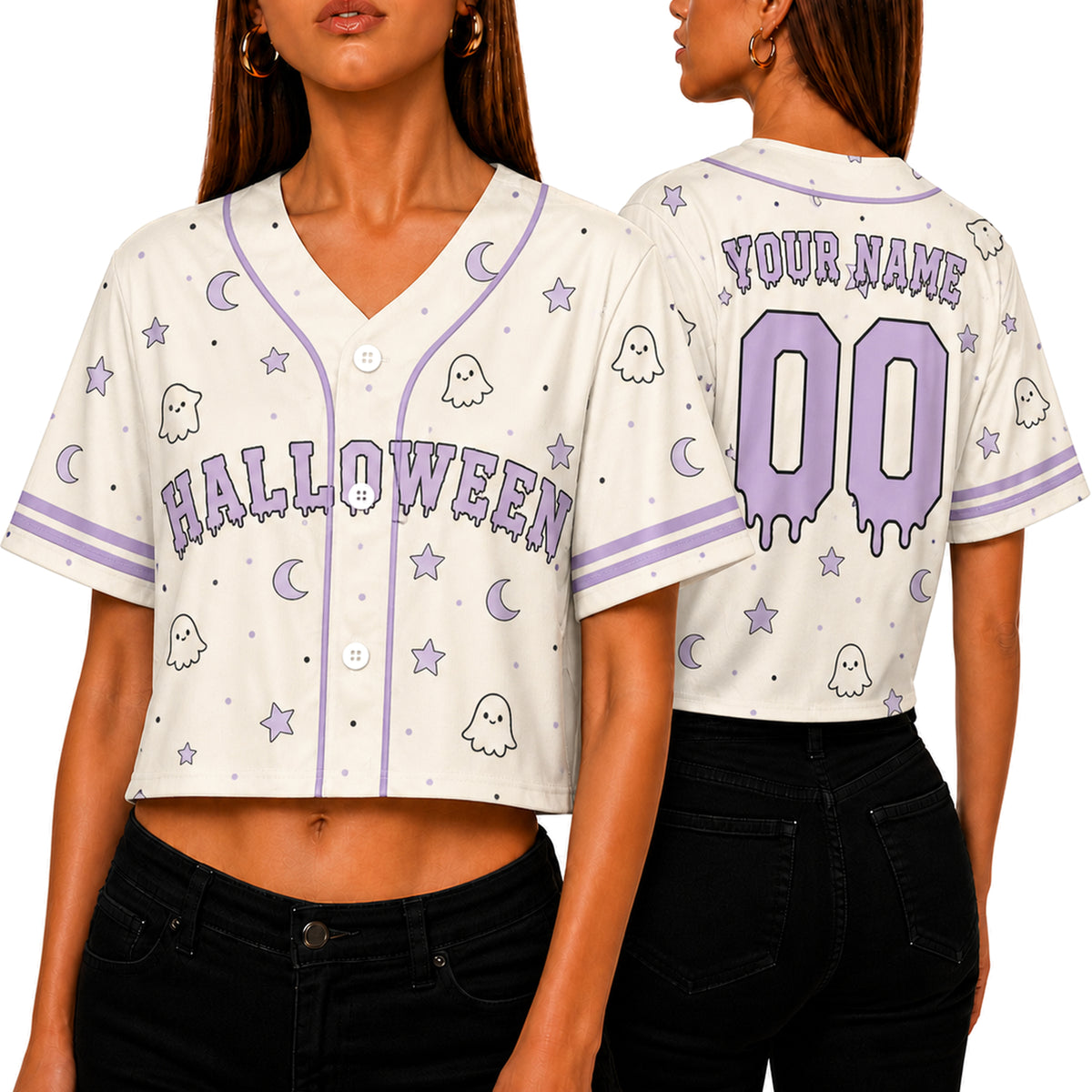 Custom Halloween Women's Crop Baseball Jersey Lavender Ghost - Design Your Own