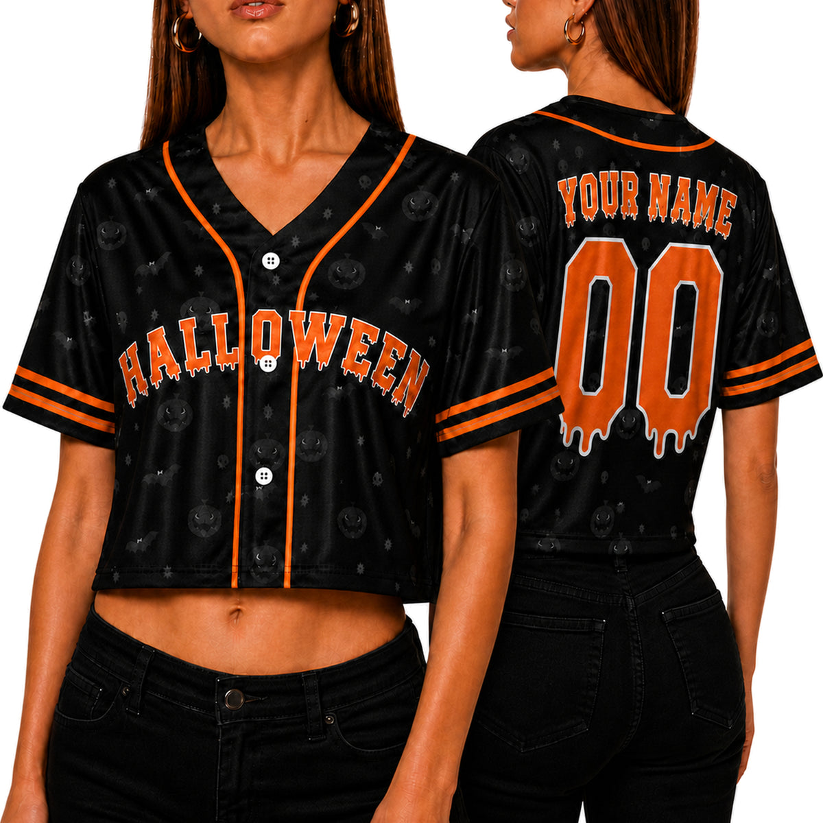 Custom Halloween Women's Crop Baseball Jersey Orange Drip - Design Your Own